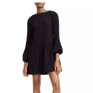 Maje Rockin Plisse Pleated Mini Dress Long Sleeve Solid Black Size 3 Large